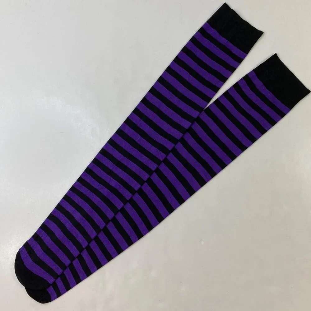 Womens Knee High Socks Striped Purple Black Halloween Goth Lightweight Funky Fun